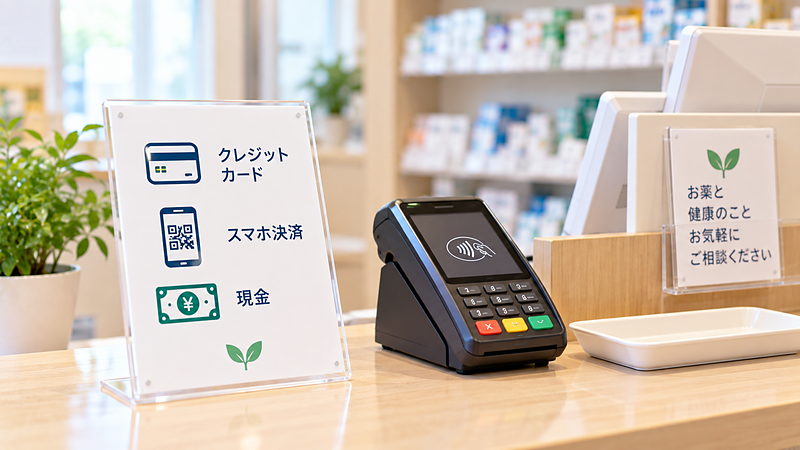 レジ横に置かれたキャッシュレス決済の案内と決済端末