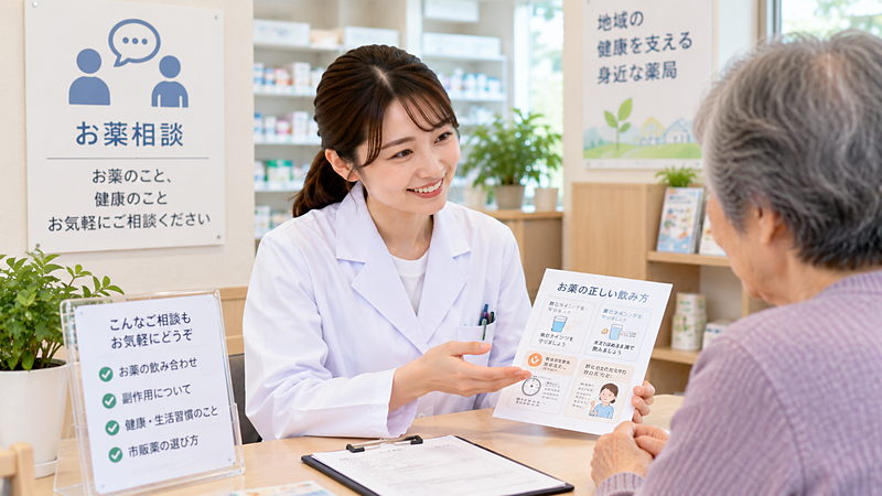 お薬相談の窓口で薬剤師が説明している様子
