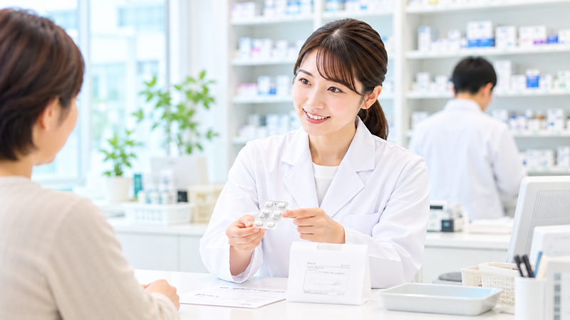 薬剤師がお薬を渡しながら説明している様子
