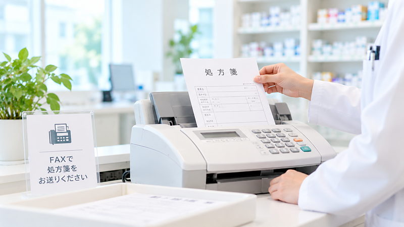 FAXで届いた処方箋を受け取る様子