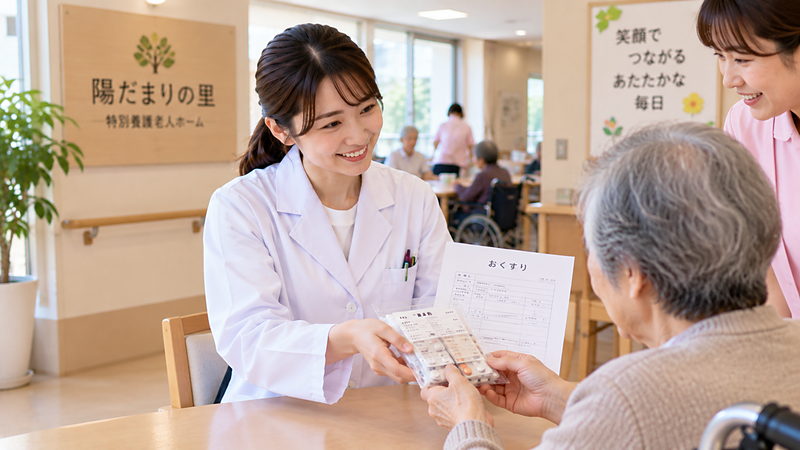 介護施設で薬剤師がお薬を届けている様子